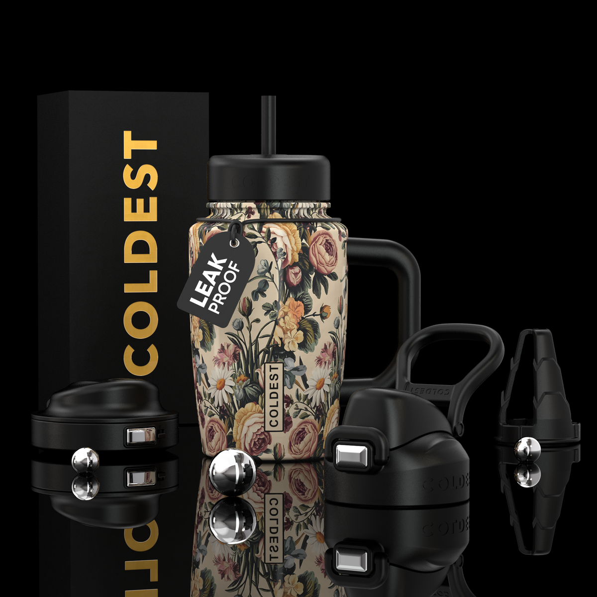 COLDEST 15oz Limitless Ultra insulated tumbler with a cream floral pattern, black lid and straw, handle and leak-proof tag