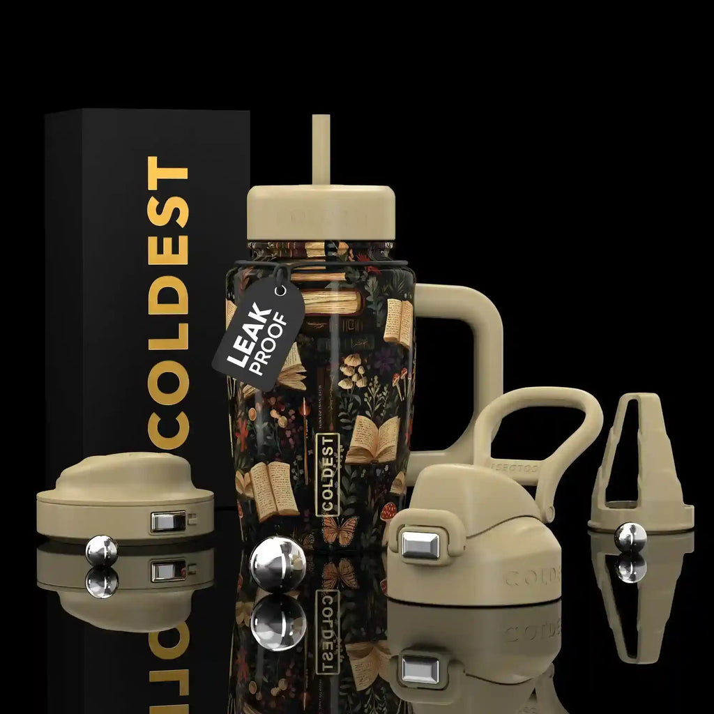 COLDEST 15oz Limitless Ultra tumbler with a clear floral-patterned body, cream lid and handle, plus interchangeable caps