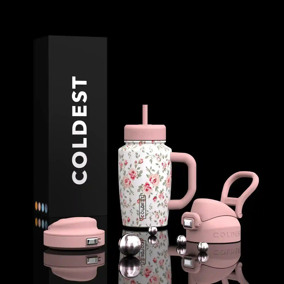 COLDEST 15oz Limitless Ultra stainless steel tumbler with a white floral pattern, pink handle, straw, and lid