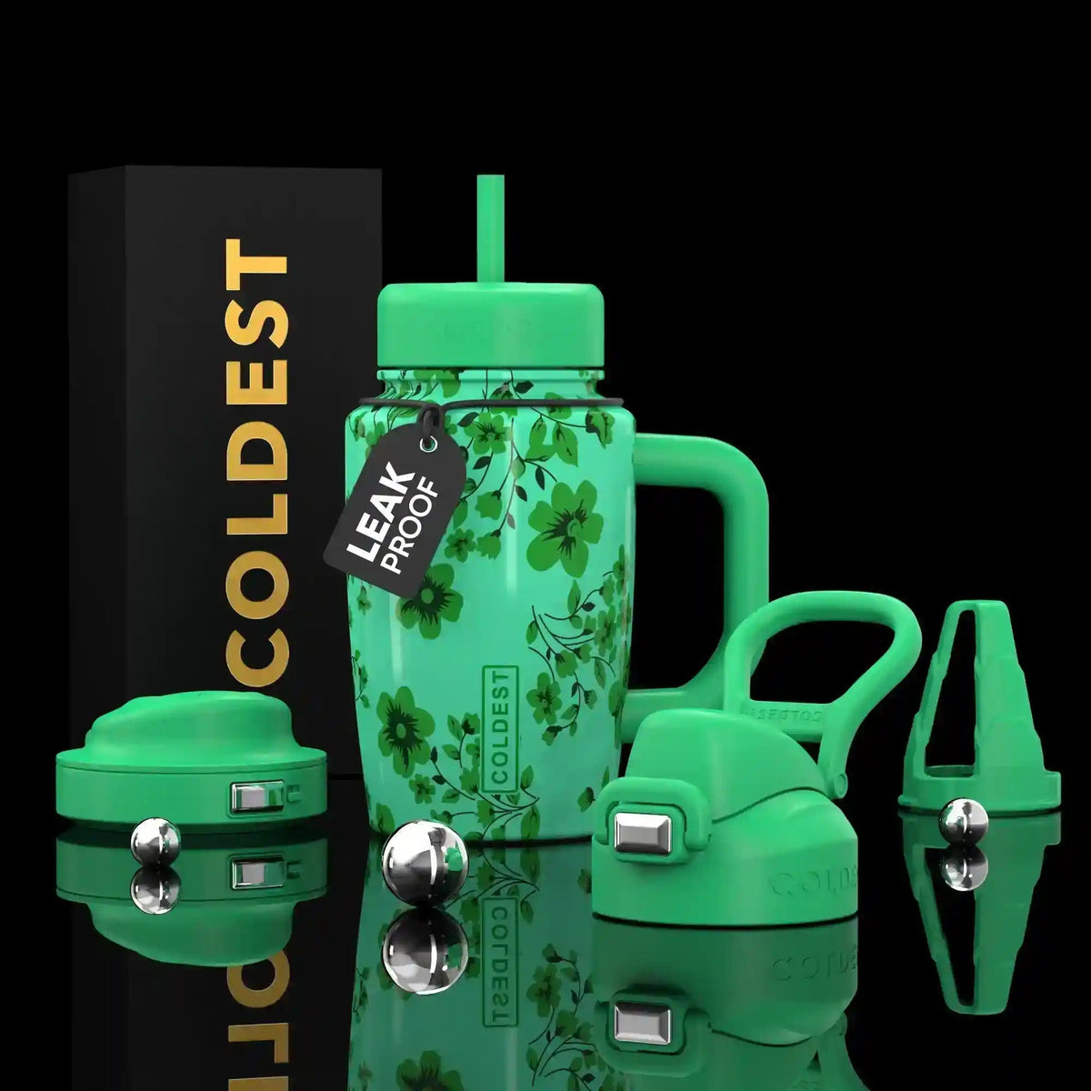 COLDEST 15oz Limitless Ultra tumbler in bright green with floral print, handled cup, straw and interchangeable lids