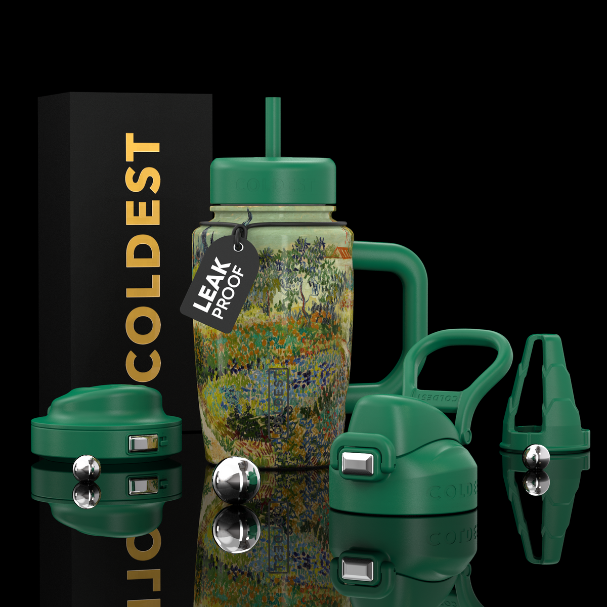 COLDEST 15oz Limitless Ultra insulated tumbler with a green lid, straw, handle and colorful floral pattern
