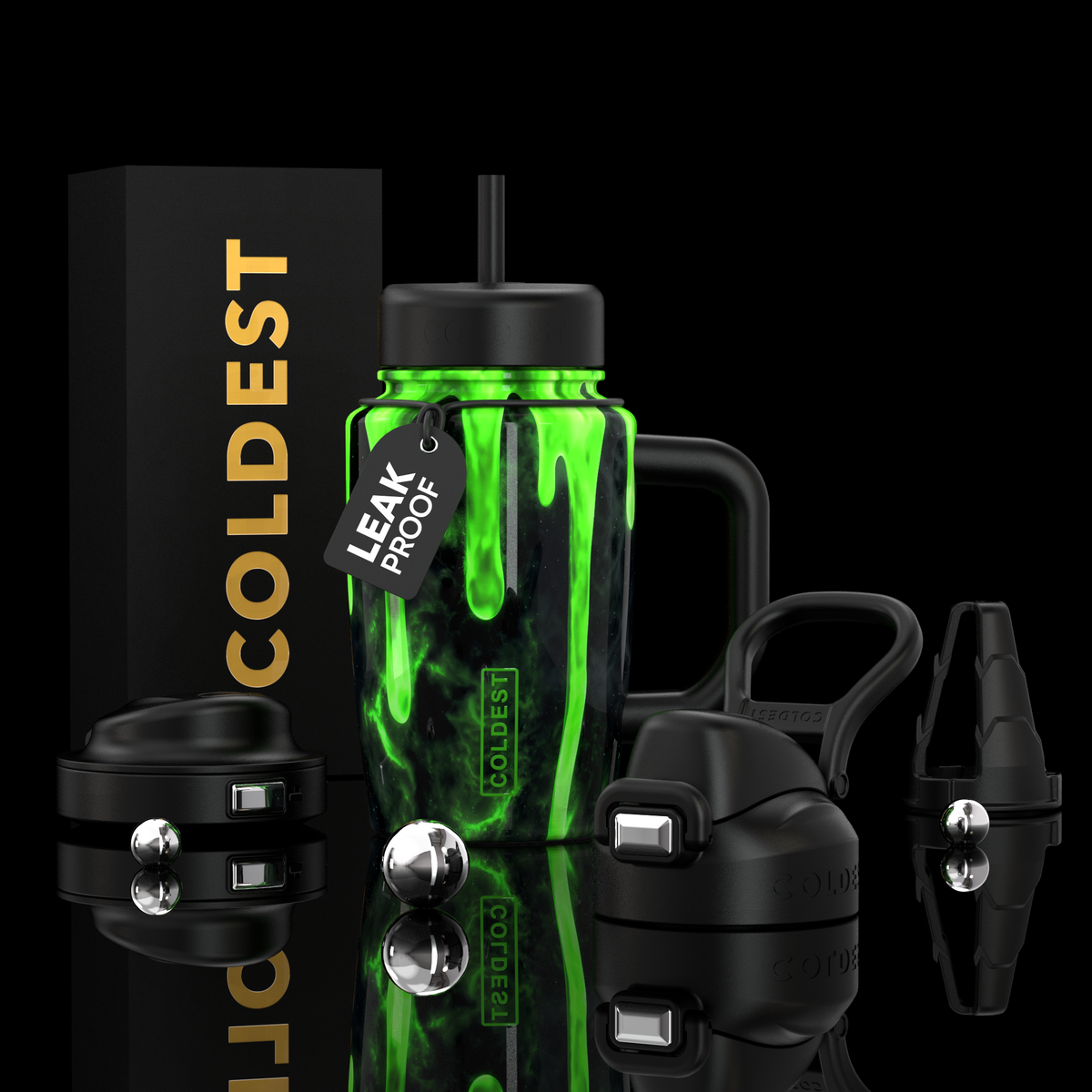 COLDEST 15oz Limitless Ultra tumbler with a neon green and black marbled body, straw, handle and interchangeable lids