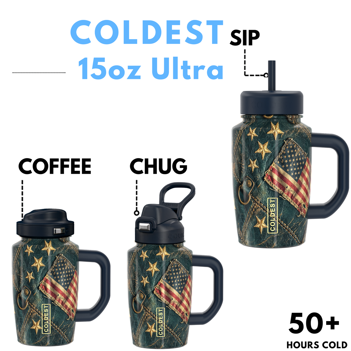 COLDEST 15oz Limitless Ultra tumbler in dark green with gold stars and an American flag, shown with three lid styles