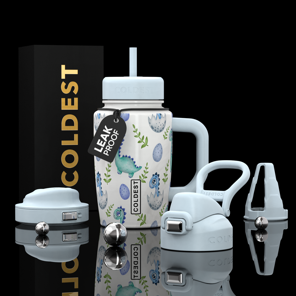 COLDEST 15oz Limitless Ultra insulated bottle with pale blue lid, handle and straw, featuring playful marine illustrations