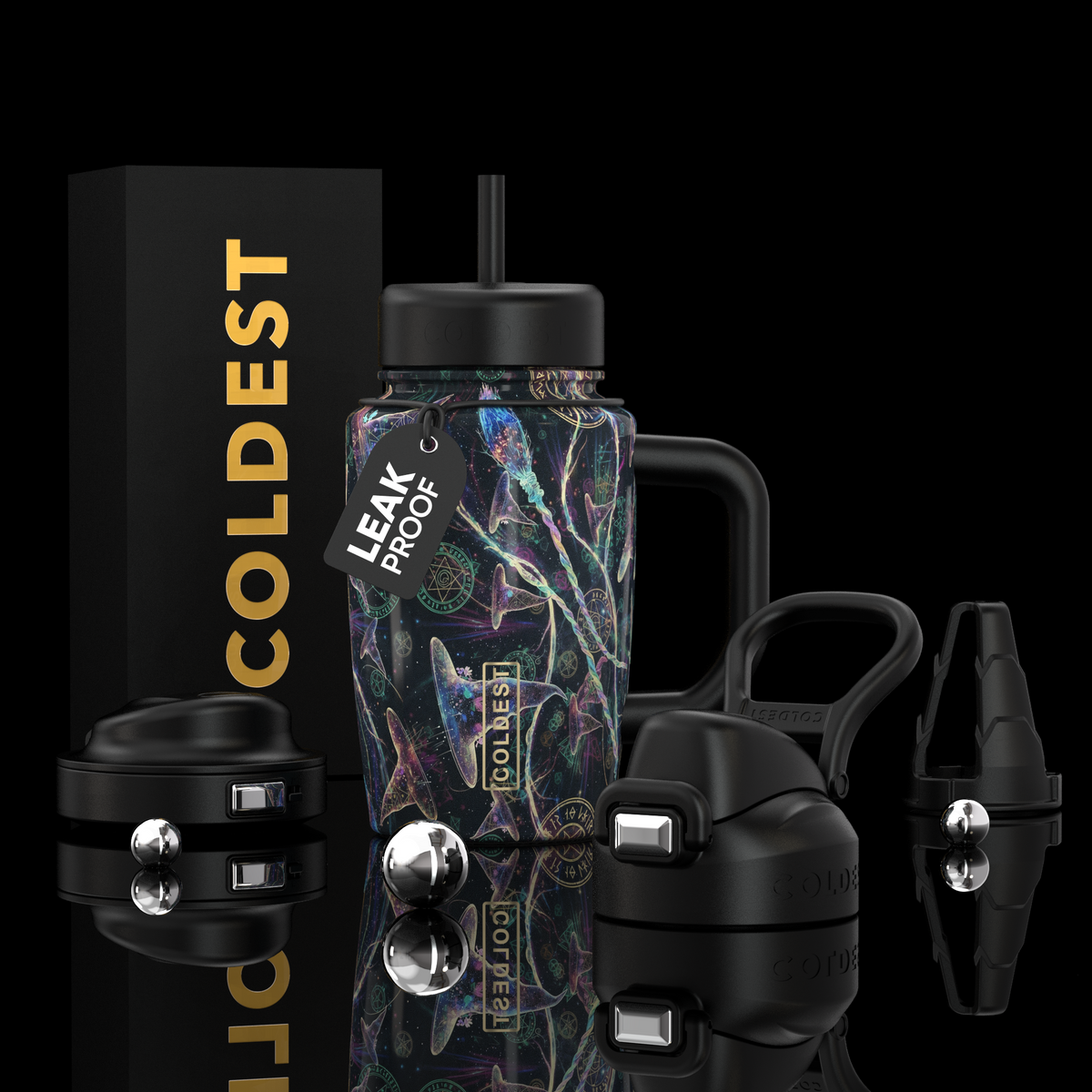 COLDEST 15oz Limitless Ultra tumbler with iridescent multicolor pattern, black lid, straw, handle and accessories