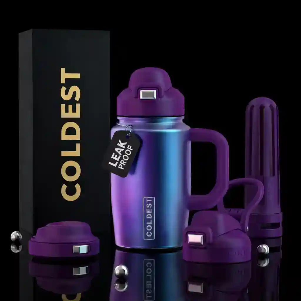 COLDEST 15oz Limitless Ultra insulated tumbler in iridescent purple and blue with a purple lid, handle, and accessories