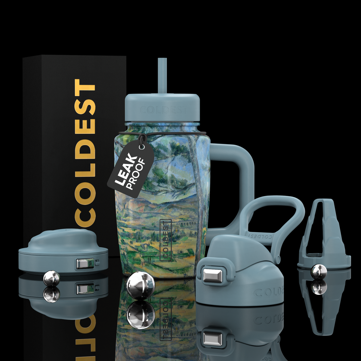 COLDEST 15oz Limitless Ultra water bottle with blue-toned landscape artwork, matching straw lid, handle and leak-proof tag
