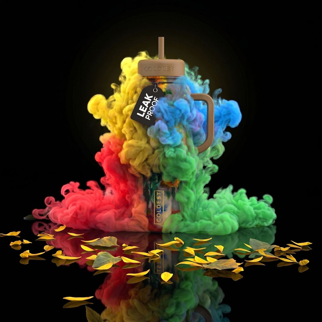 COLDEST 15oz Limitless Ultra tumbler in a metallic finish with a clear straw, handle, and Peak Proof tag