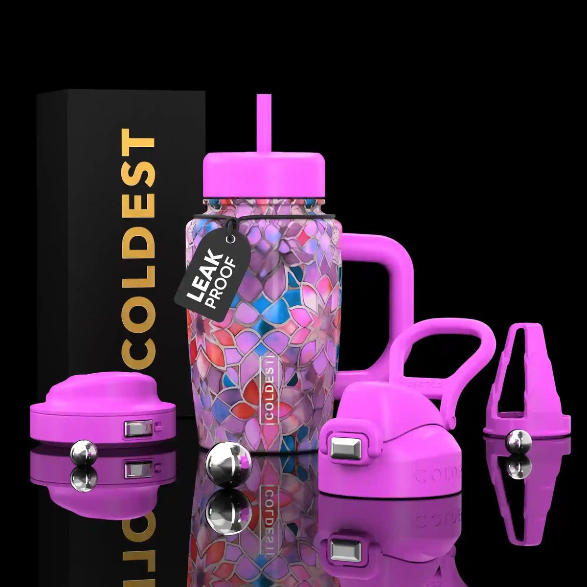 COLDEST 15oz Limitless Ultra tumbler with colorful mosaic pattern, bright pink lid, straw, handle and accessories