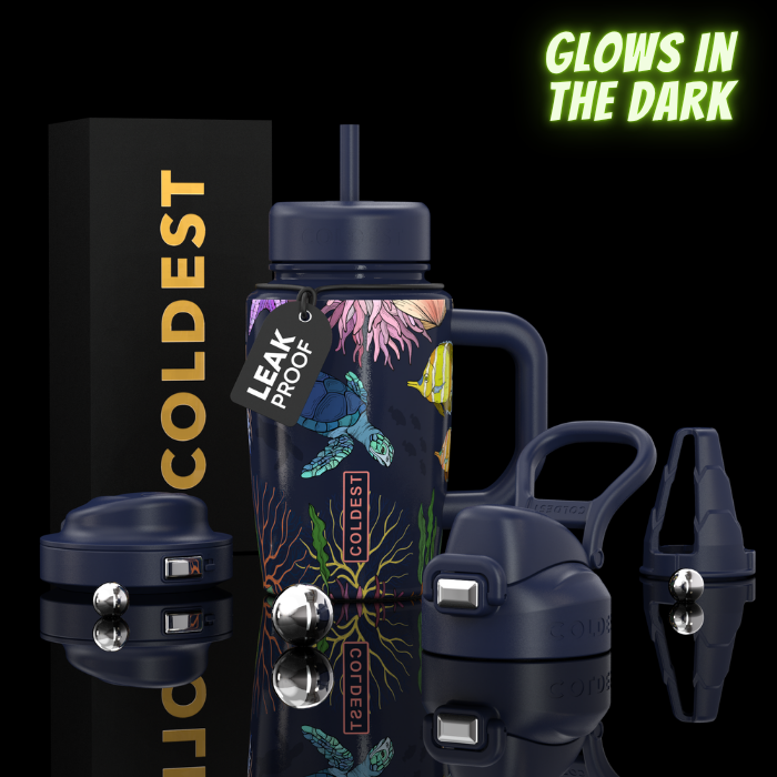 COLDEST 15oz Limitless Ultra tumbler in navy with colorful aquatic print, matching handle and straw, plus interchangeable lids