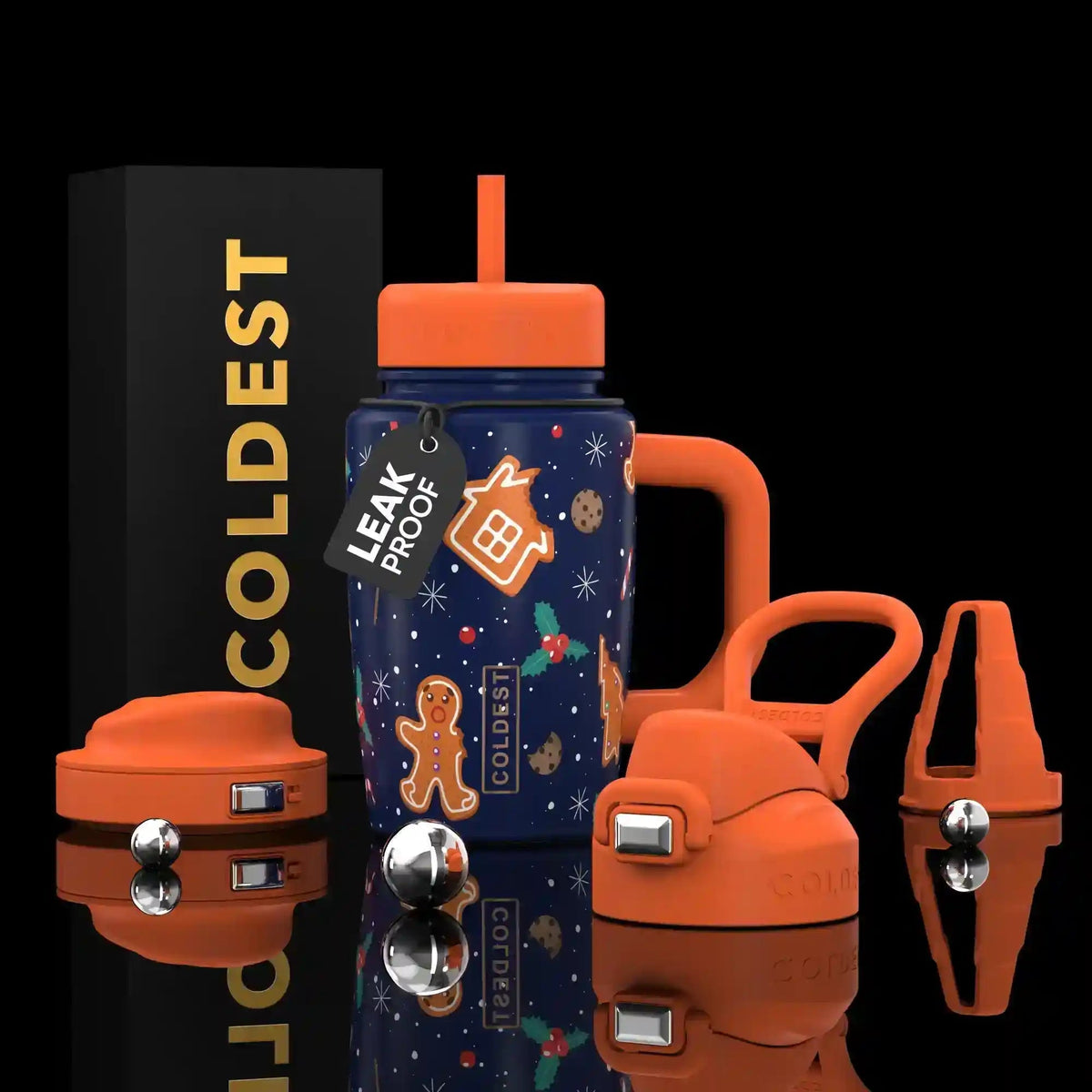 COLDEST 15oz Limitless Ultra bottle with a navy space-themed pattern, orange lid, straw and handle, plus orange accessories