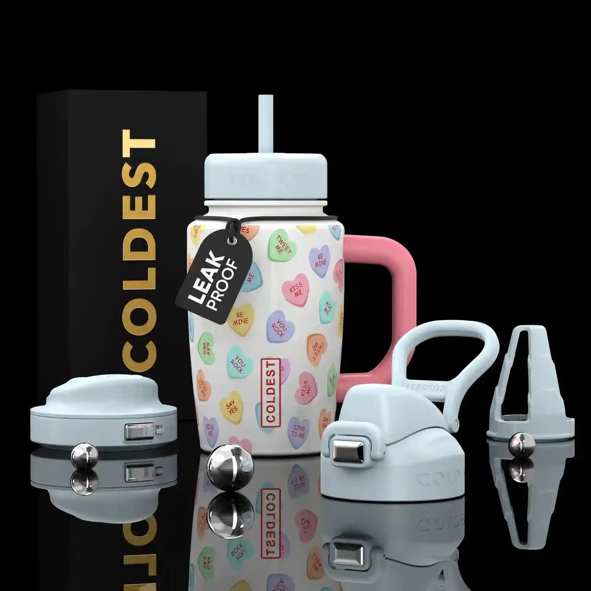 COLDEST 15oz Limitless Ultra cup with a pastel heart pattern, pink handle, straw lid, and interchangeable tops