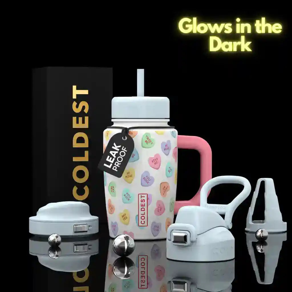 COLDEST 15oz Limitless Ultra insulated tumbler with pastel multicolor prints, pink handle, straw lid and glow-in-the-dark feature