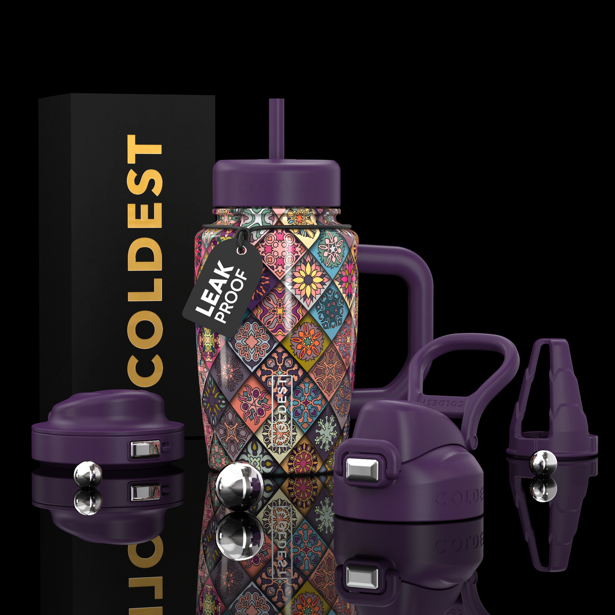 COLDEST 15oz Limitless Ultra insulated tumbler with a colourful geometric pattern, purple lid, straw and handle