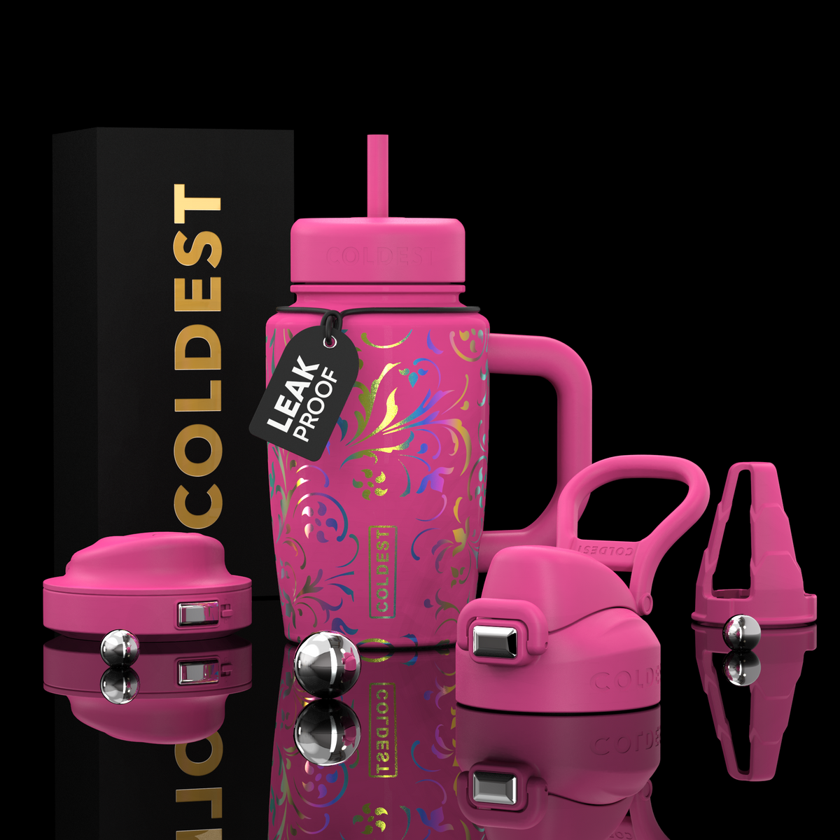 COLDEST 15oz Limitless Ultra pink insulated tumbler with floral pattern, handle, straw, leak-proof tag and interchangeable lids