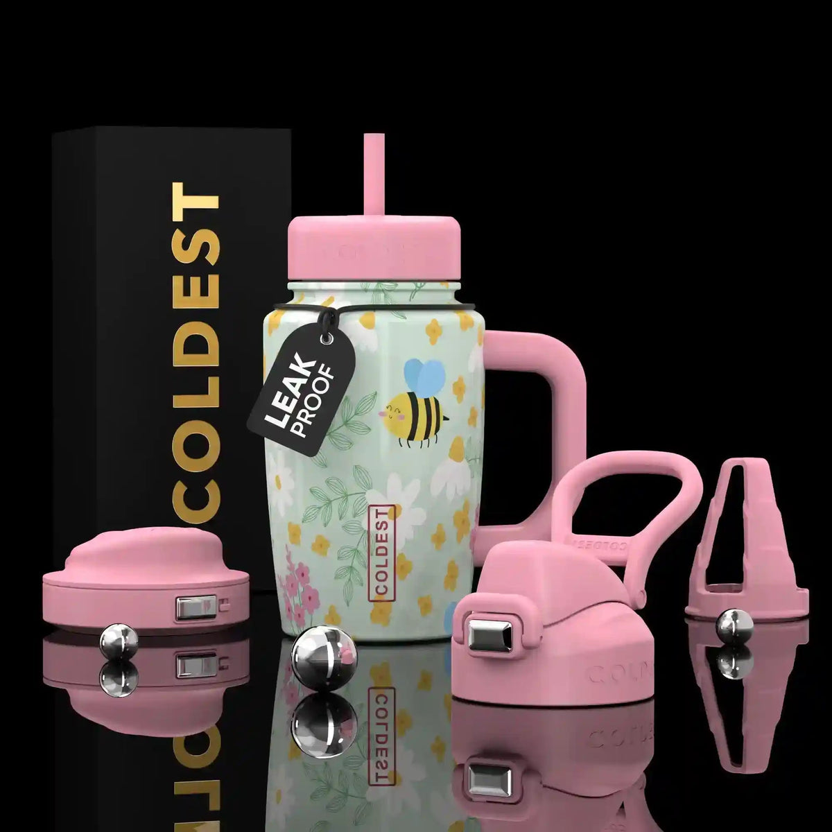 COLDEST 15oz Limitless Ultra pink handled tumbler with straw, floral print, bee motif, leak-proof tag and matching lid parts