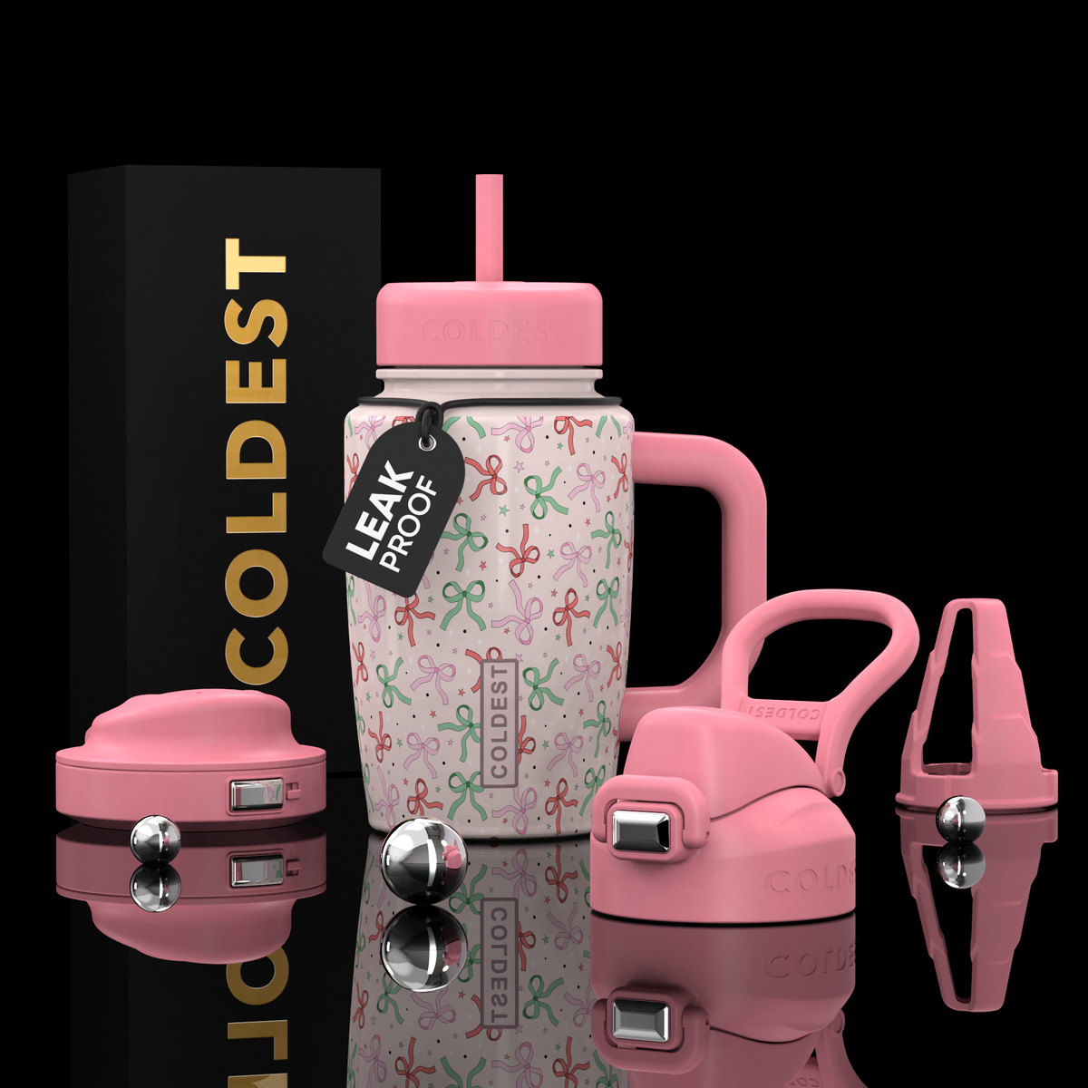 COLDEST 15oz Limitless Ultra patterned cup in pink and white with floral print, straw lid, handle and accessories