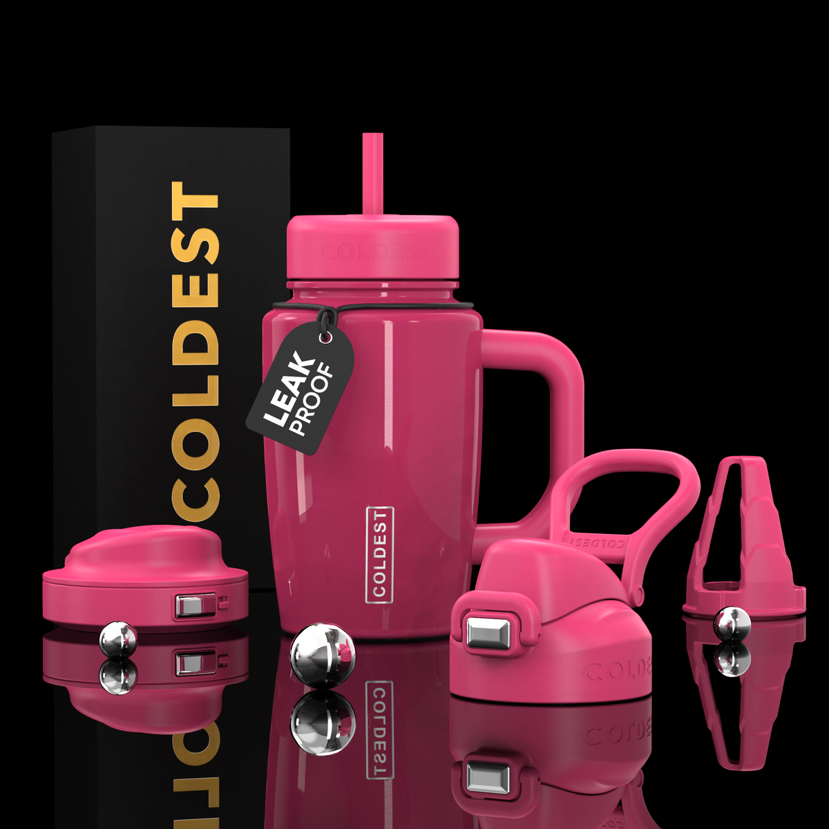 COLDEST 15oz Limitless Ultra insulated tumbler in glossy pink with a handle, straw, and interchangeable lids