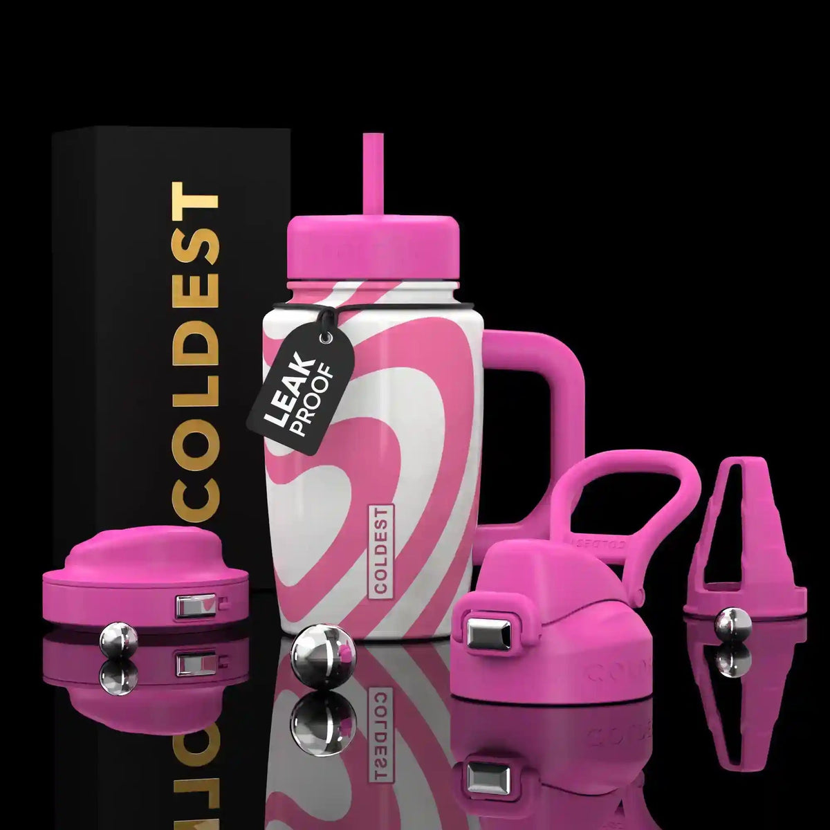 COLDEST 15oz Limitless Ultra pink and white drink tumbler with straw, curved handle, leak-proof tag and interchangeable lids