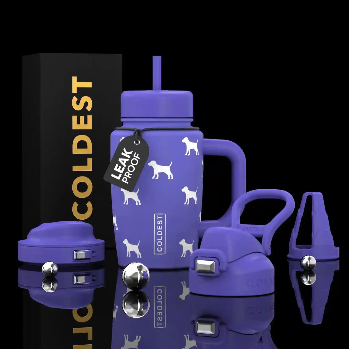 COLDEST 15oz Limitless Ultra purple insulated bottle with straw, side handle, white dog pattern, leak-proof tag, and lid accessories