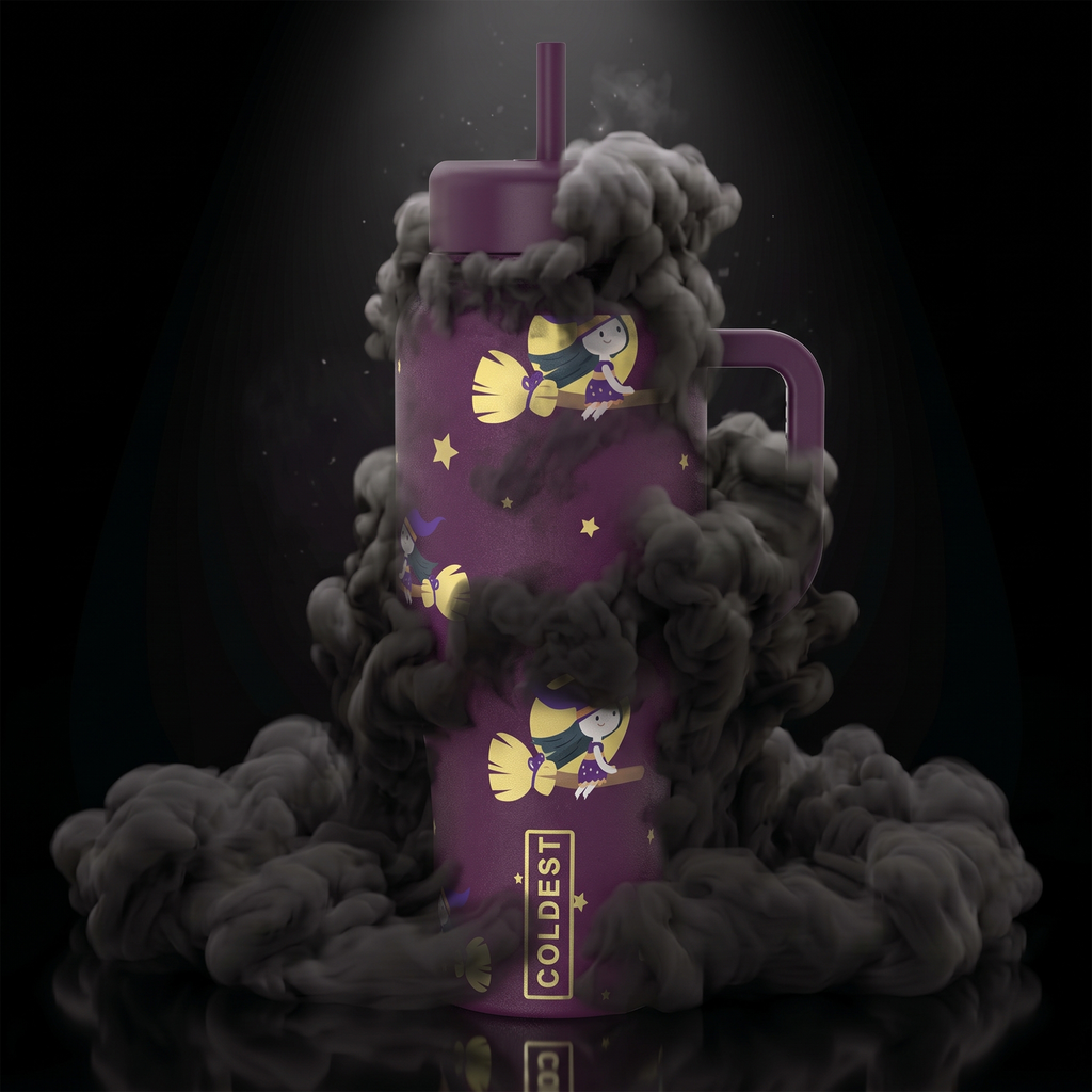 COLDEST 15oz Limitless Ultra purple handled tumbler with straw, yellow fairy illustrations, stars and vertical logo