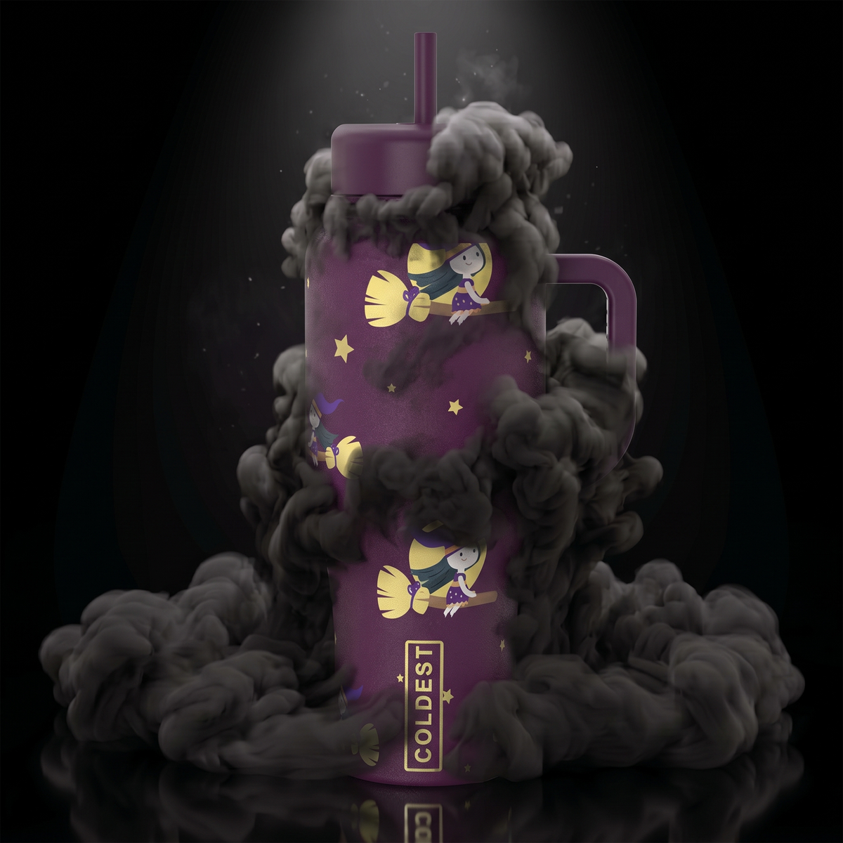 COLDEST 15oz Limitless Ultra purple handled tumbler with straw, yellow fairy illustrations, stars and vertical logo