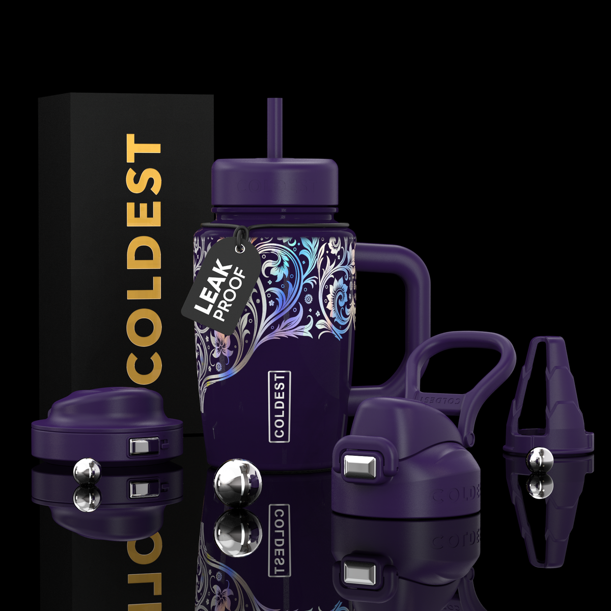 COLDEST 15oz Limitless Ultra purple handled tumbler with floral scrollwork, straw lid, and leak-proof tag