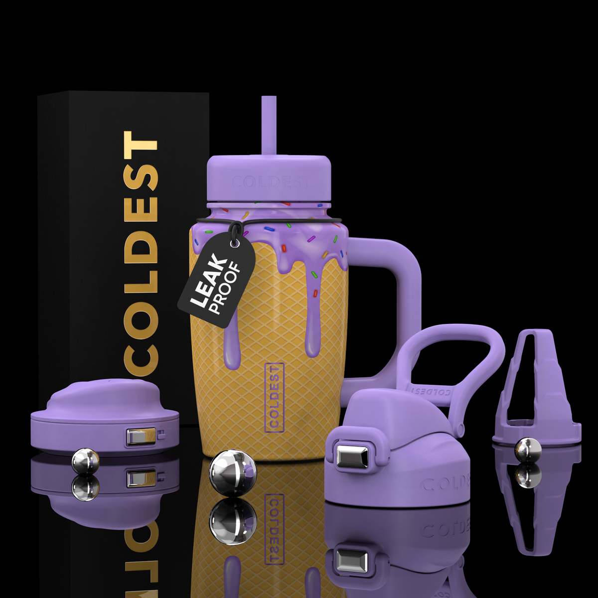 COLDEST 15oz Limitless Ultra purple handled tumbler with gold crosshatch pattern, straw lid and leak-proof tag