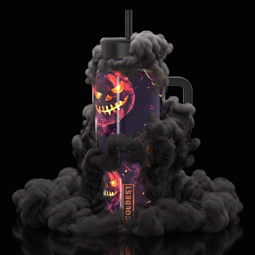 COLDEST 15oz Limitless Ultra insulated tumbler in dark purple with glowing orange jack-o’-lantern art, handle and straw