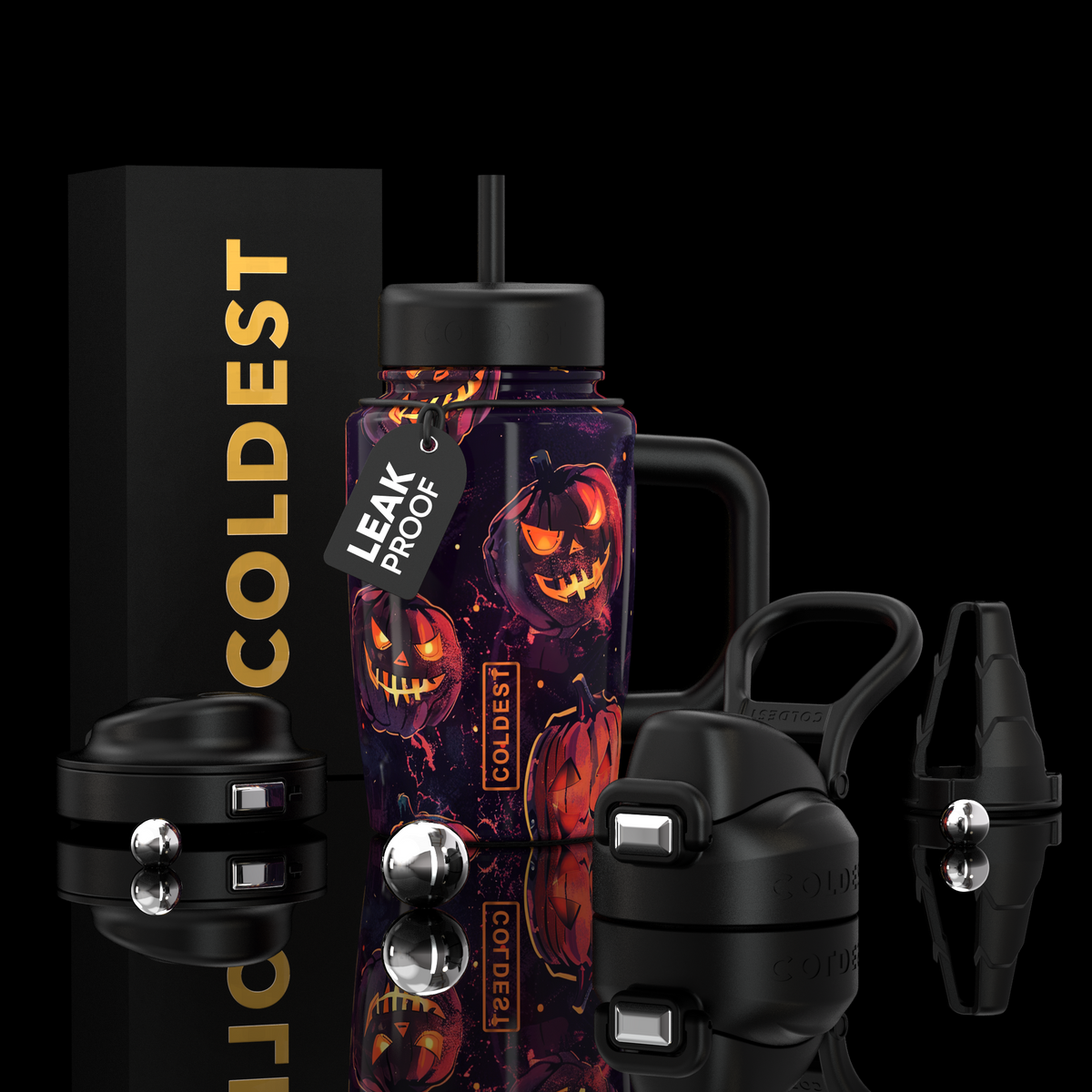 COLDEST 15oz Limitless Ultra insulated tumbler with purple Halloween pumpkin artwork, black lid, straw and handle