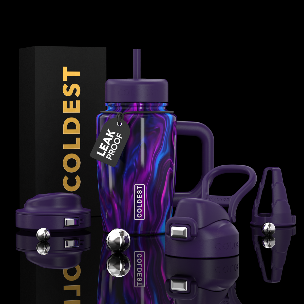 COLDEST 15oz Limitless Ultra tumbler in purple with blue and magenta marbling, straw lid, handle, and interchangeable lids