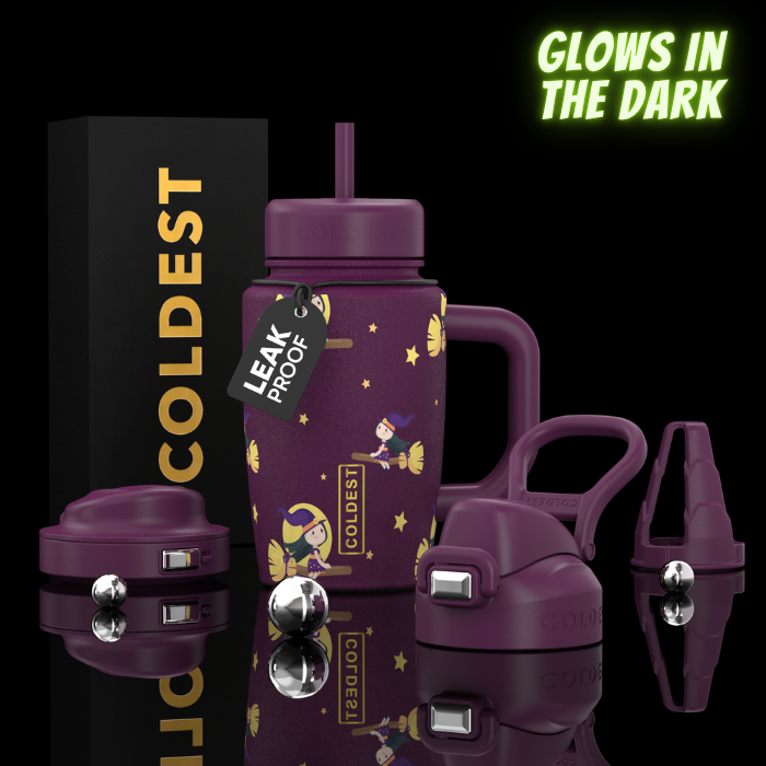 COLDEST 15oz Limitless Ultra purple bottle with straw, handle, playful star pattern and leak-proof tag, glowing in the dark