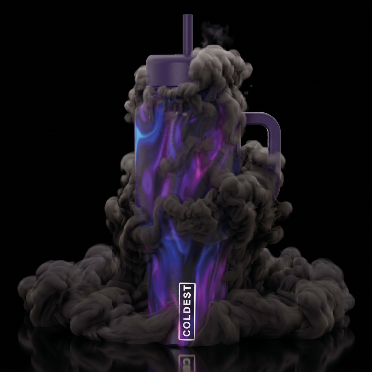 COLDEST 15oz Limitless Ultra tumbler in purple with blue and magenta swirls, matching lid, straw and side handle