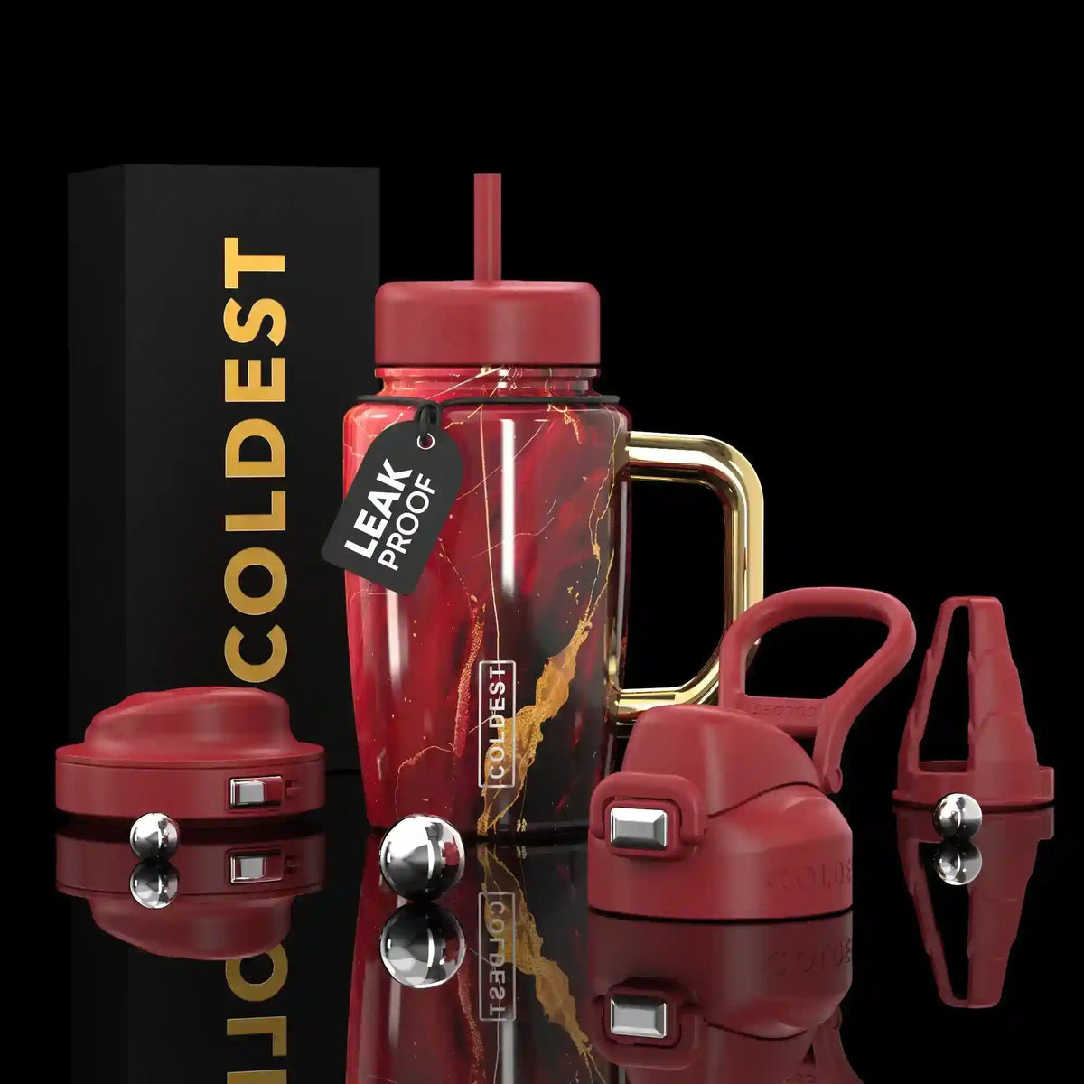 COLDEST 15oz Limitless Ultra tumbler in deep red with gold veining, a handle, straw lid, and interchangeable accessories