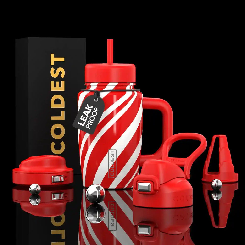 COLDEST 15oz Limitless Ultra red and white striped insulated bottle with red straw and interchangeable lids