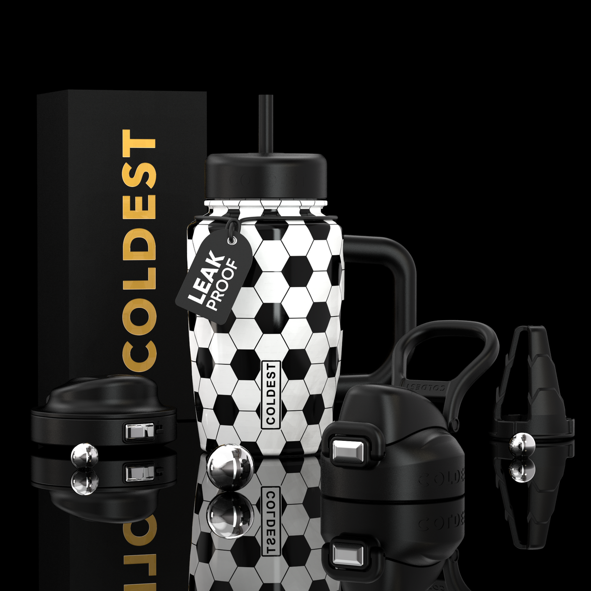COLDEST 15oz Limitless Ultra insulated tumbler in a black and white soccer ball pattern with black lid and straw