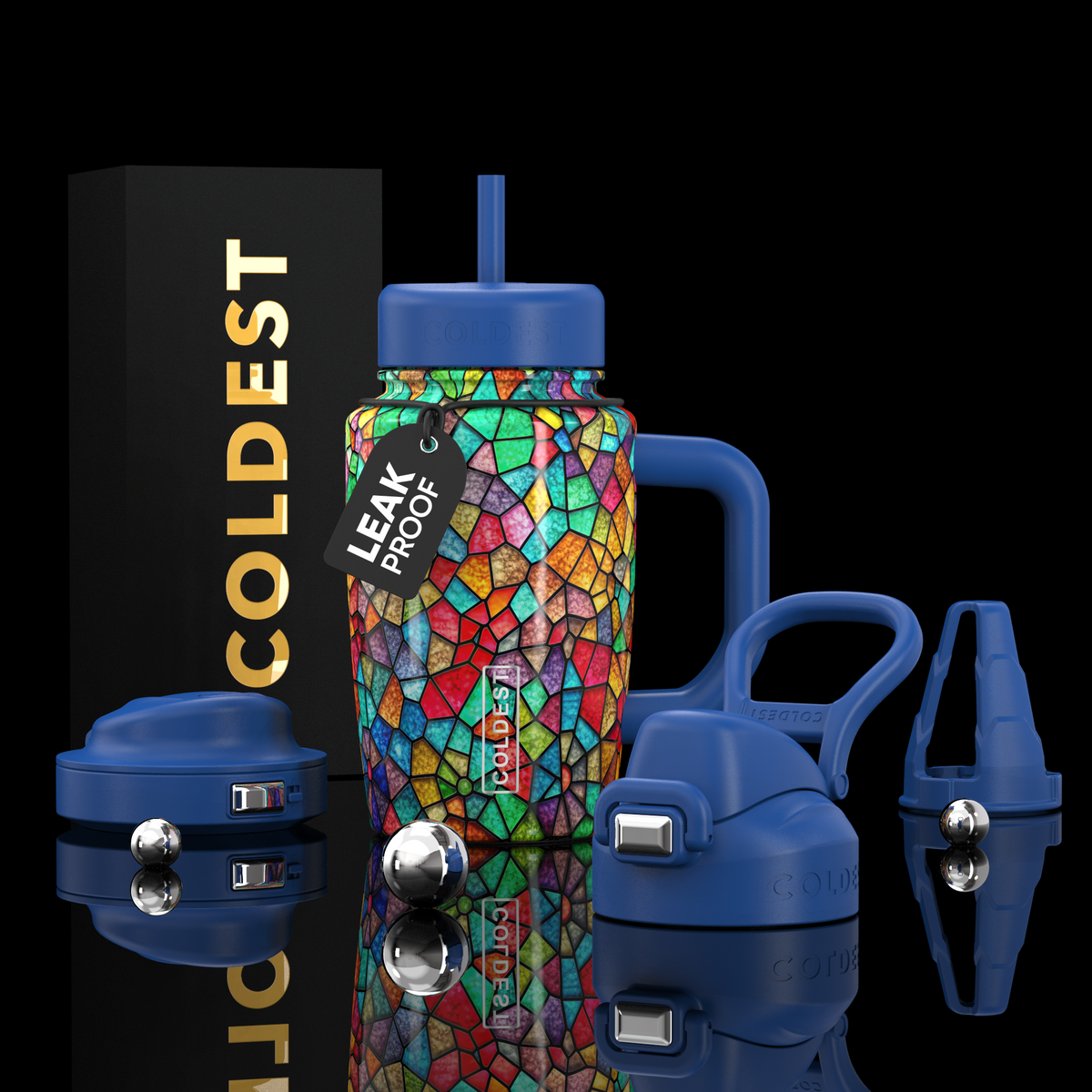 COLDEST 15oz Limitless Ultra insulated bottle with a vivid multicolour stained-glass pattern, blue lid and handle