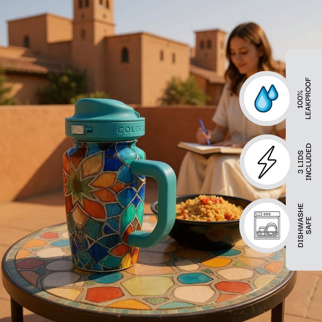 COLDEST 15oz Limitless Ultra tumbler with colorful stained-glass floral pattern, teal lid and handle, and flip-top spout