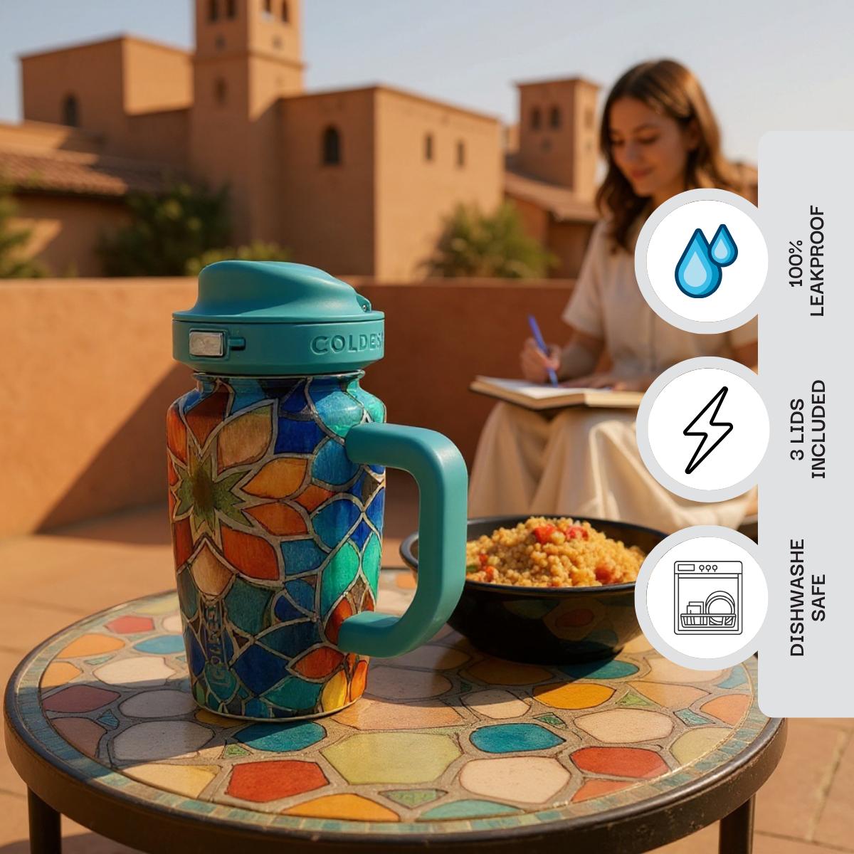 COLDEST 15oz Limitless Ultra tumbler with colorful stained-glass floral pattern, teal lid and handle, and flip-top spout