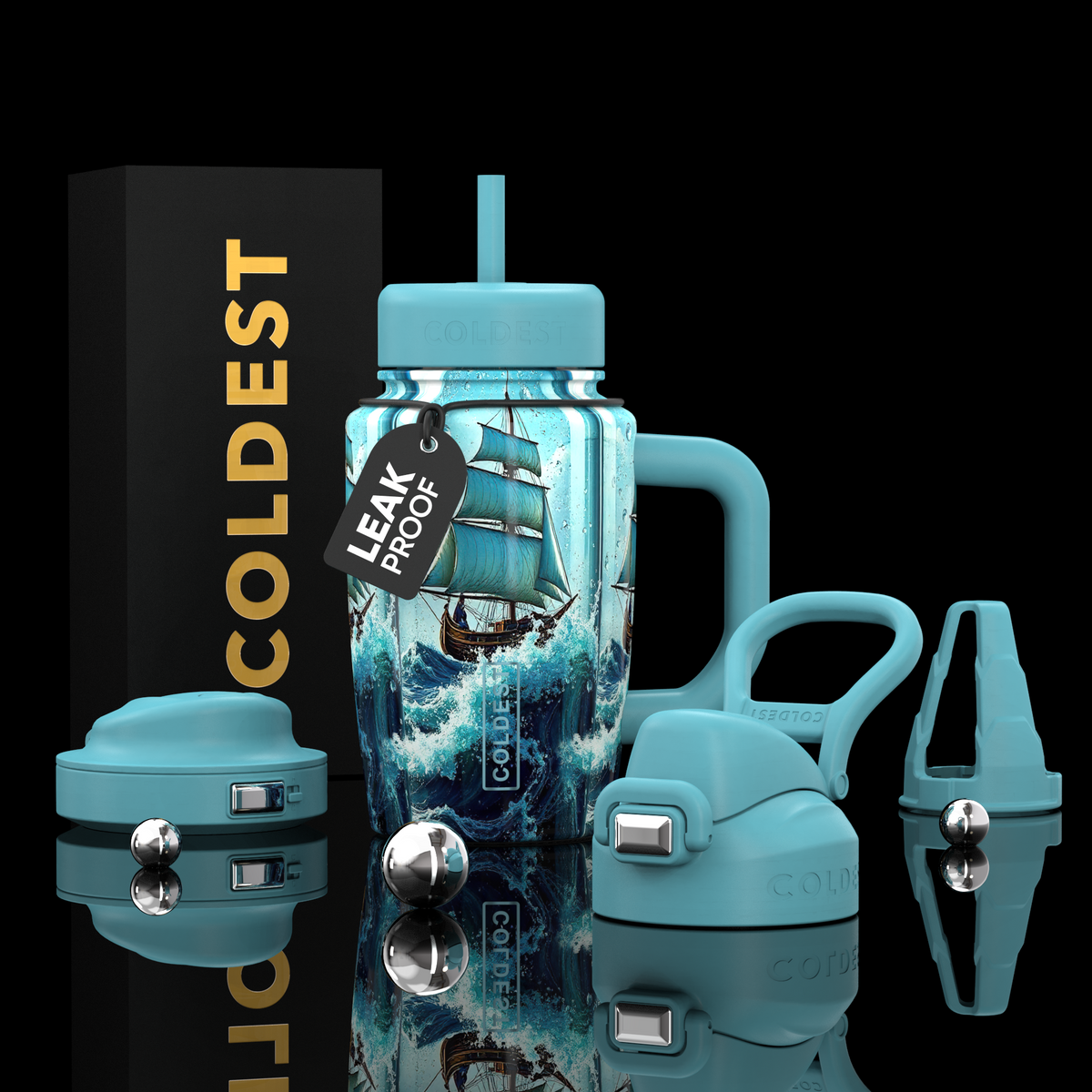 COLDEST 15oz Limitless Ultra bottle with turquoise sailboat print, matching handle and straw lid, plus accessories