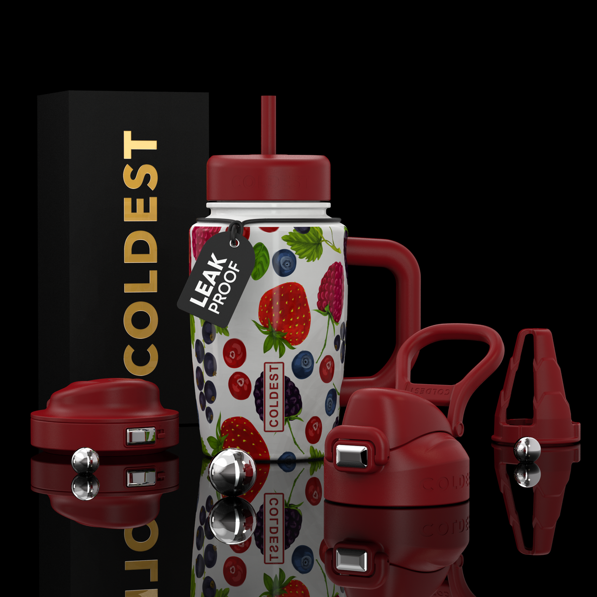 COLDEST 15oz Limitless Ultra tumbler with a white berry-print body, burgundy lid, straw, handle and accessories