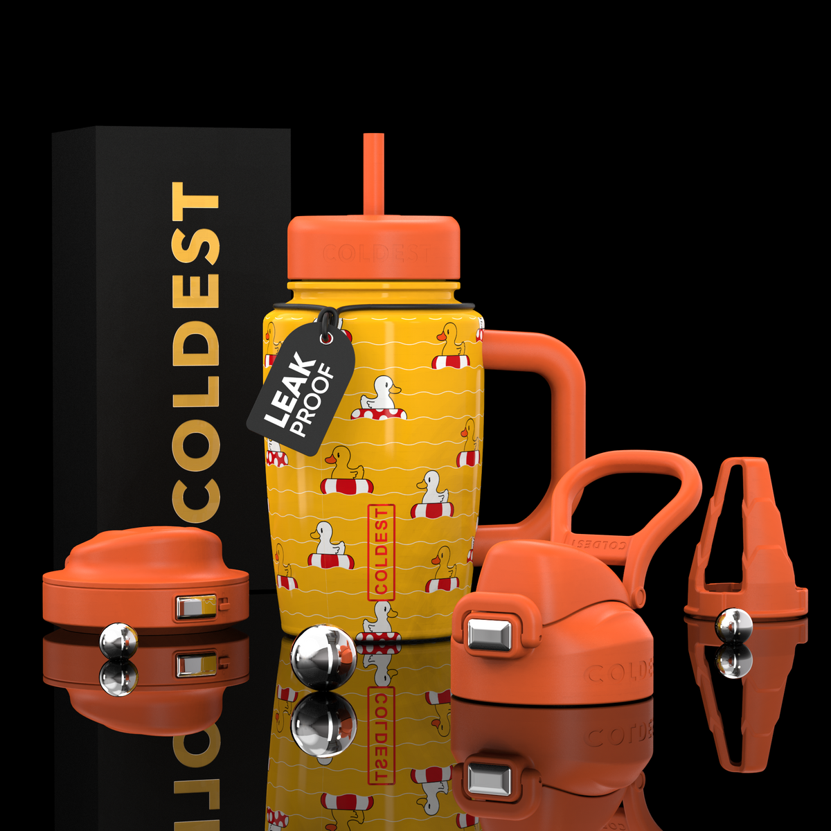 COLDEST 15oz Limitless Ultra yellow bottle with orange lid, handle, wavy pattern and matching orange accessories