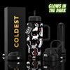 COLDEST 24oz Limitless bottle with a black cat print, handle, straw lid, and leak-proof design that glows in the dark