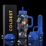COLDEST 24oz Limitless insulated bottle with blue lid, straw and handle, featuring a dark Halloween print with pumpkins and ghosts