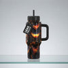 COLDEST 24oz Limitless insulated tumbler with handle, black lid and straw, featuring a fiery orange and black pattern