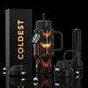 COLDEST 24oz Limitless bottle with a black handle, straw lid and fiery orange-and-black abstract pattern