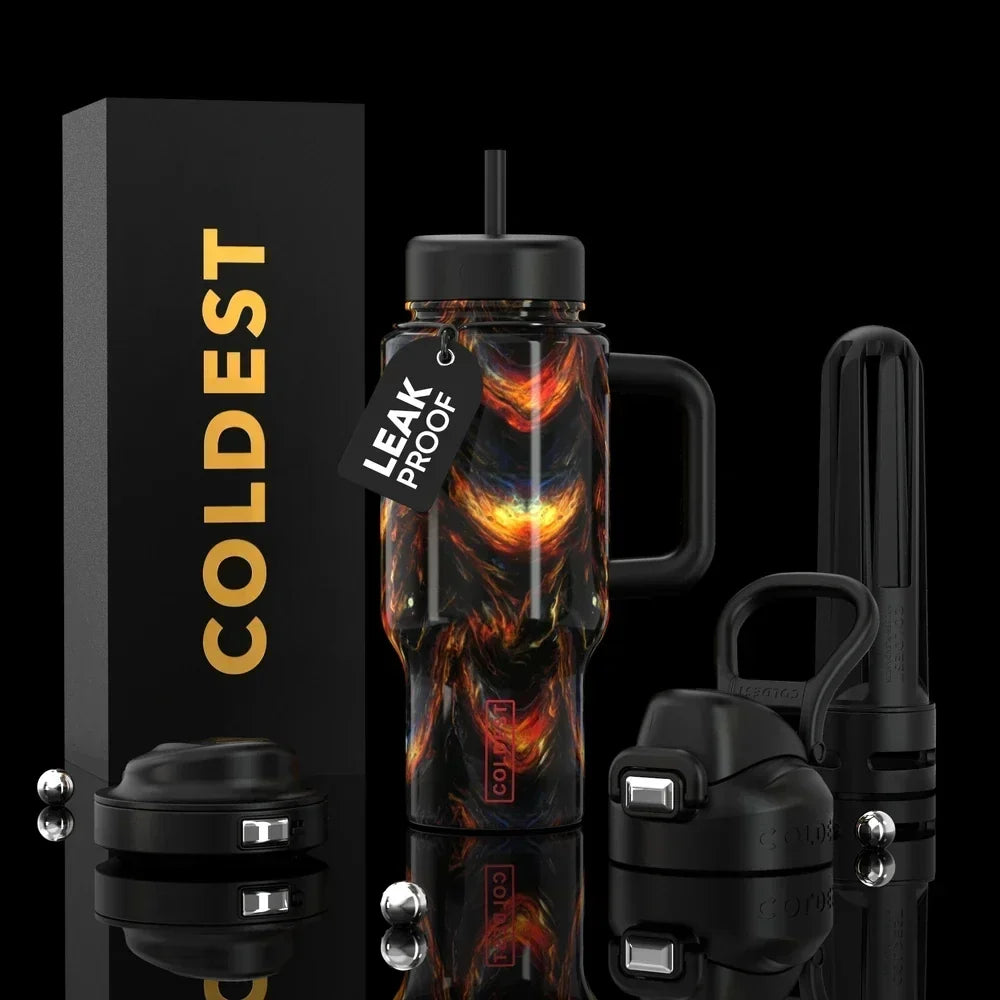 COLDEST 24oz Limitless bottle with a black handle, straw lid and fiery orange-and-black abstract pattern