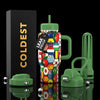 COLDEST 24oz Limitless bottle with a colorful international flag pattern, green handle and lid, and matching accessories