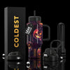 COLDEST 24oz Limitless bottle with a dark purple Halloween pumpkin pattern, black lid, handle, and straw
