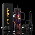 COLDEST 24oz Limitless bottle with a dark purple Halloween pumpkin pattern, black lid, handle, and straw
